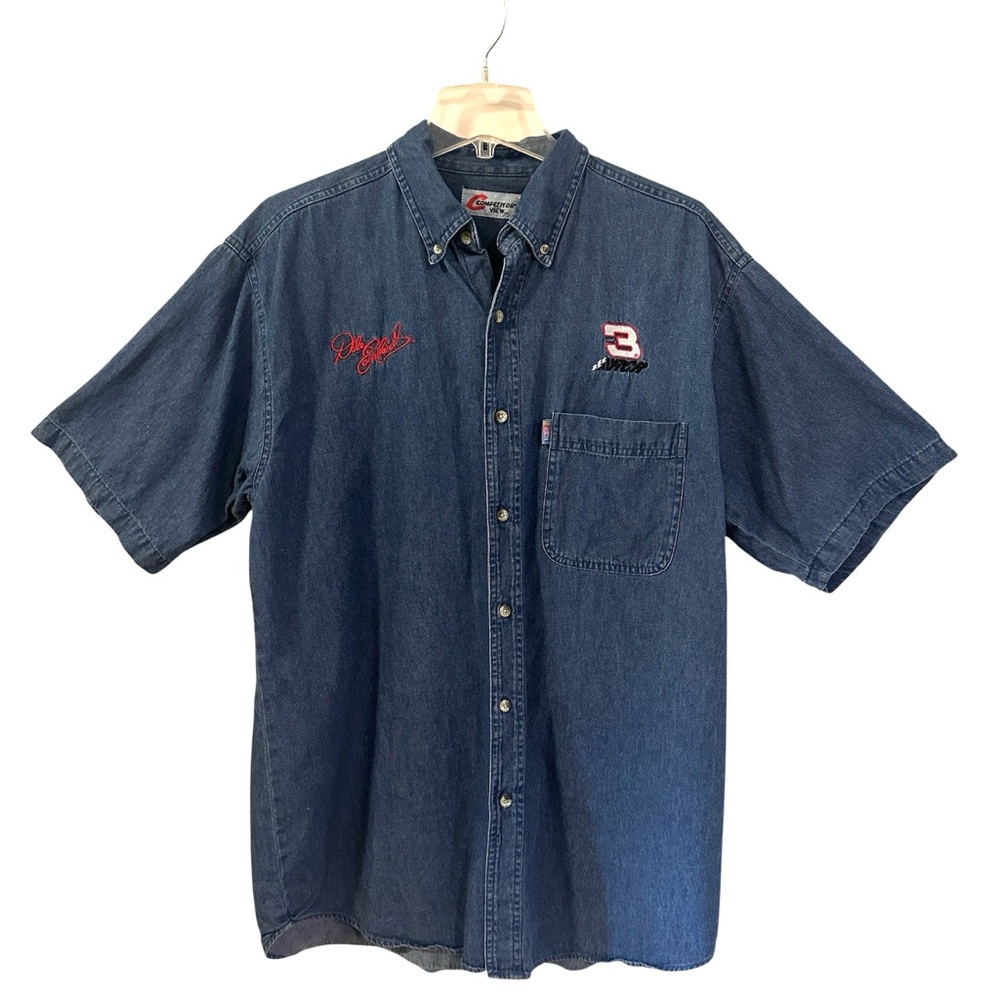 Vtg Dale Earnhardt Sr Nascar Shirt Short Sleeve Blue Button Down Chambray